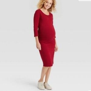 Liz Lange Rust Brick Red 3/4 Sleeve Ruched Tee Shirt Maternity Dress Size Medium